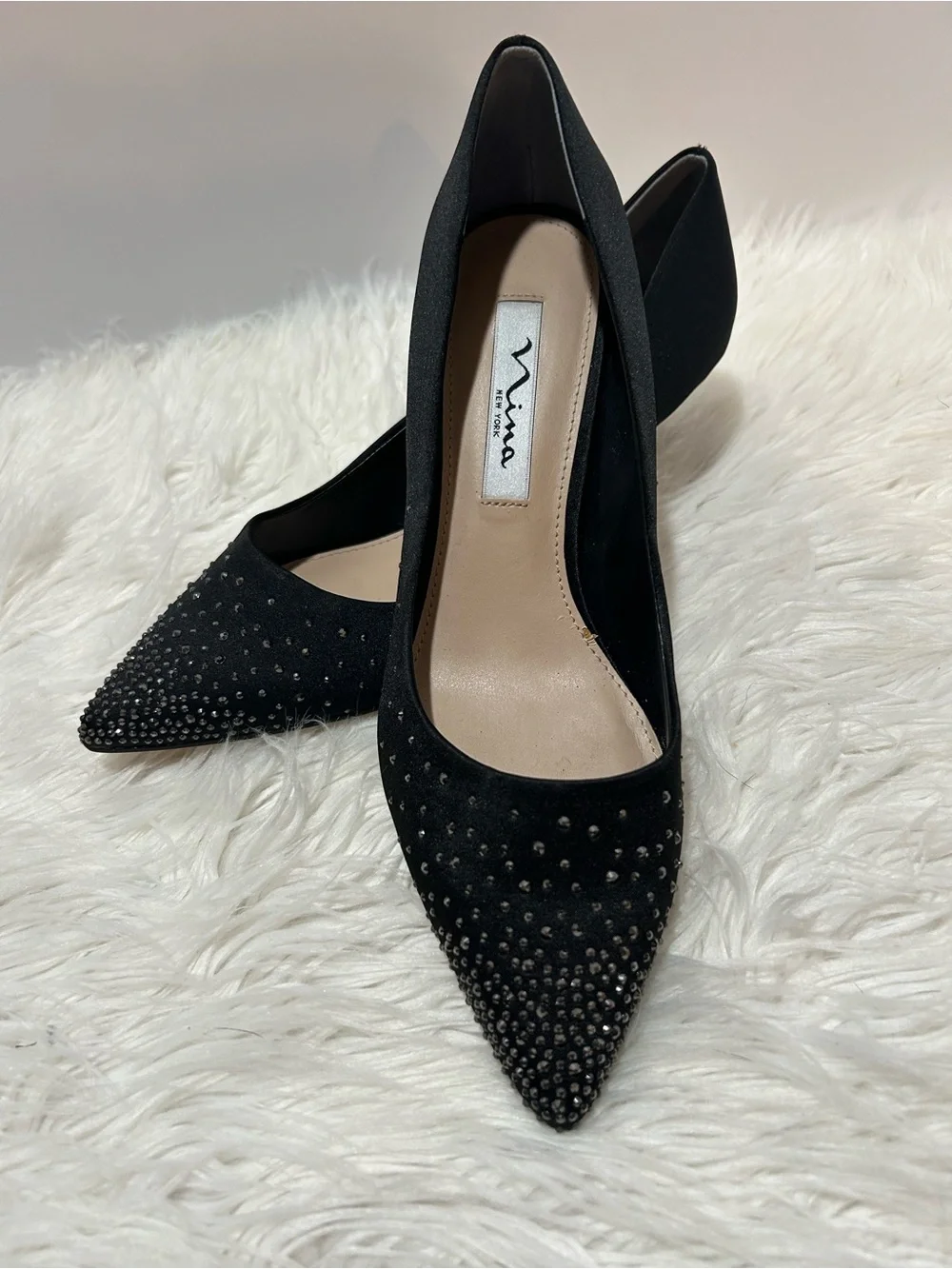 Nina Black Pointed-Toe Crystal-Stud Kitten Heels 7.5
